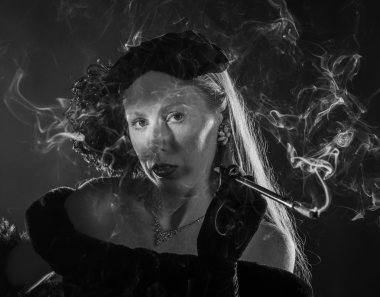 Glamorous 1940s Film Noir Woman Smoking Cigarette