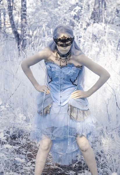 Mythical Woman Wearing Mask and Gown in Forest — Stock Photo, Image