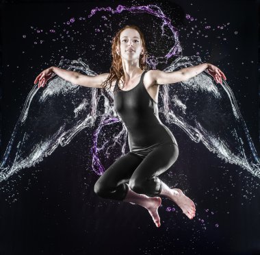 Floating Winged Young Woman in Water Splashes