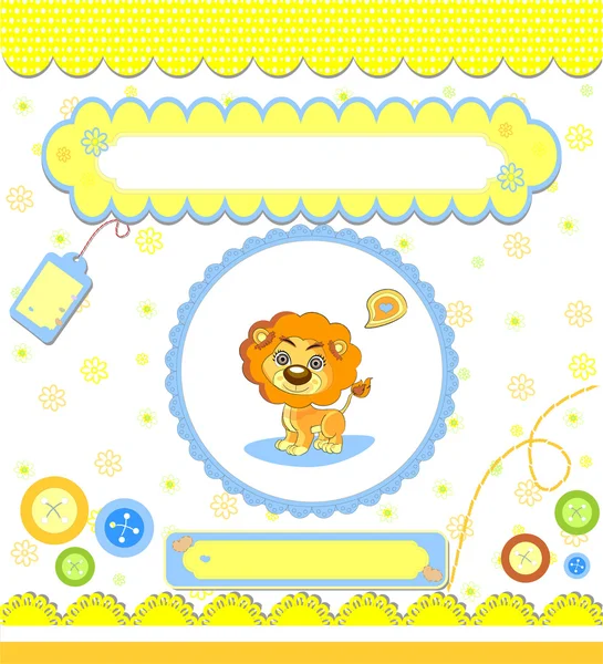 Baby shower card ,yellow with lion — Stock Vector