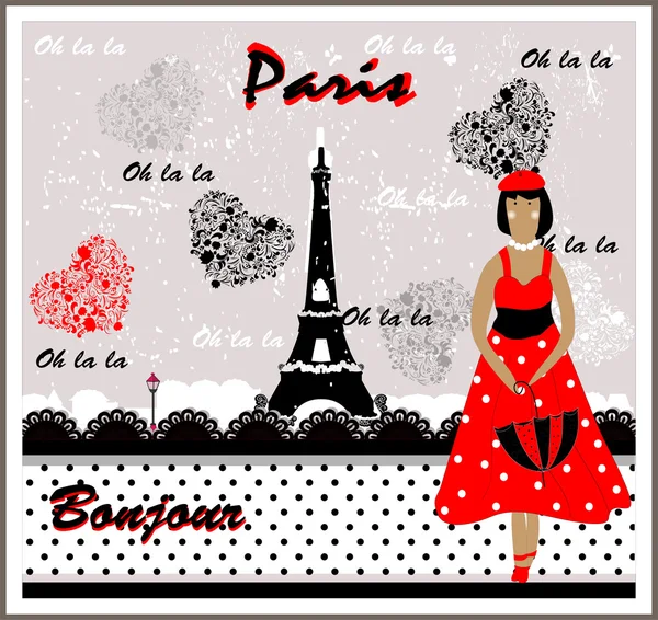 Vector Postcard with France Image. Frenchwoman — Stock Vector