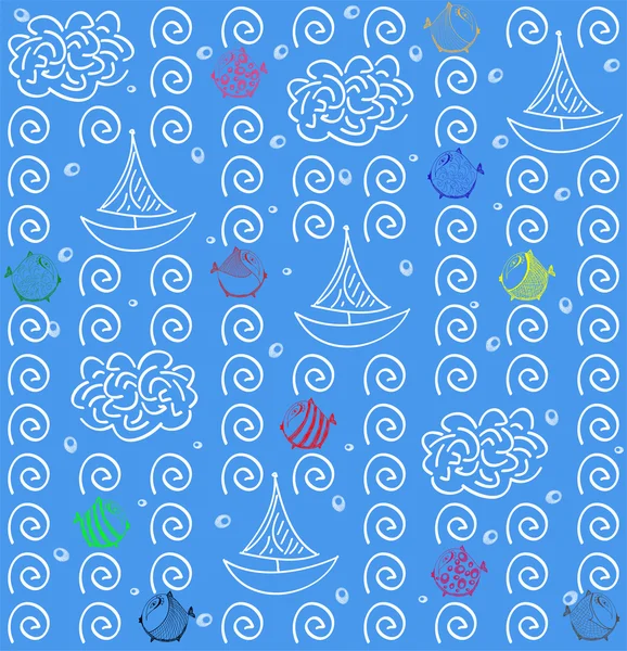 Fond de motif sans couture. bleu. poissons et navires — Image vectorielle
