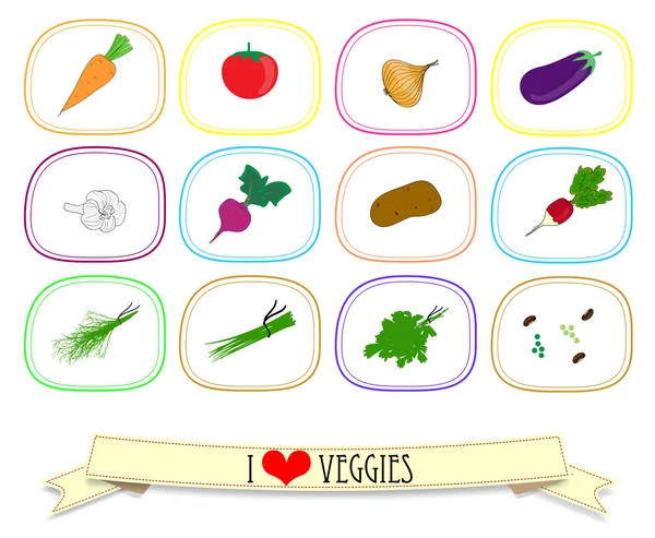 Набор этикеток с овощами. Векторная иллюстрация . — стоковый вектор