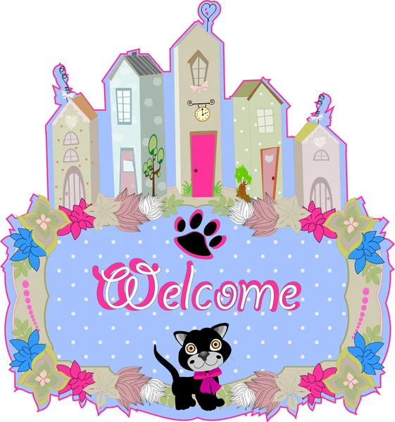 Baby cat hold a welcome sign — Stock Vector