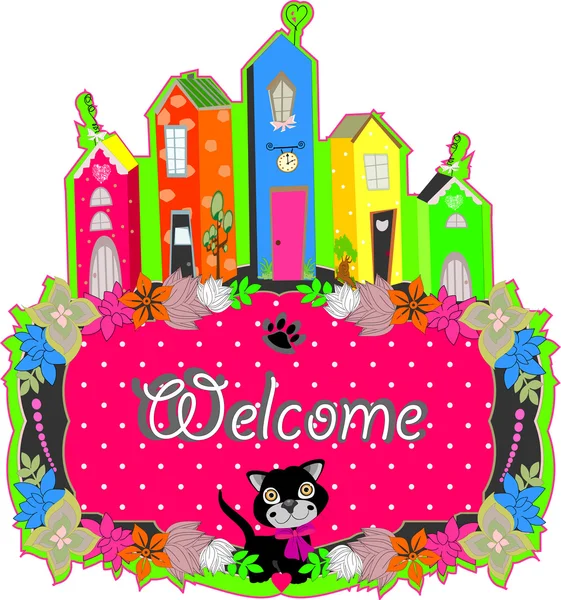Baby cat hold a welcome sign — Stock Vector