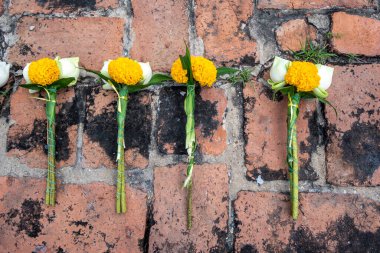 Buda resimlerine saygı göstermek için çiçekler