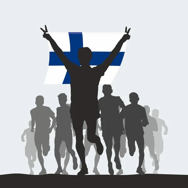 Ganador con la bandera de Finlandia en la meta — Vector de stock