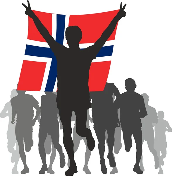 Победитель с флагом Норвегии на финише — стоковый вектор
