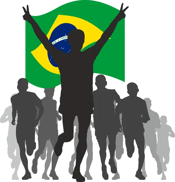 Победитель с флагом Бразилии на финише — стоковый вектор