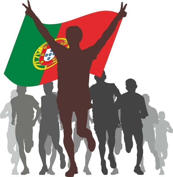 Vinnare med Portugal flaggan vid målgång — Stock vektor
