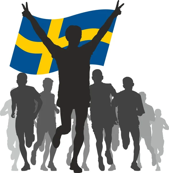 Winner with the Sweden flag at the finish — Stock Vector