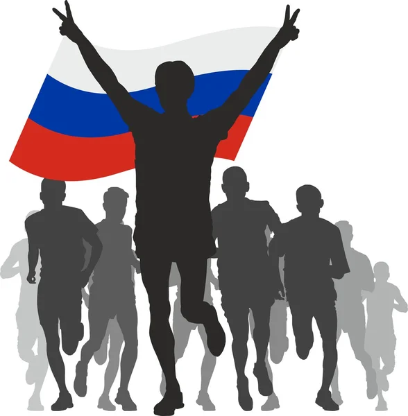 Vincitore con la bandiera russa al traguardo — Vettoriale Stock