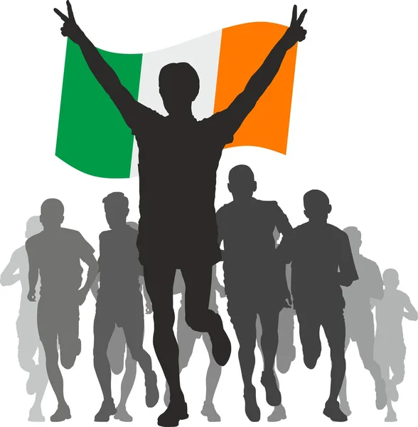 Winner with the Ireland flag at the finish — Stock Vector