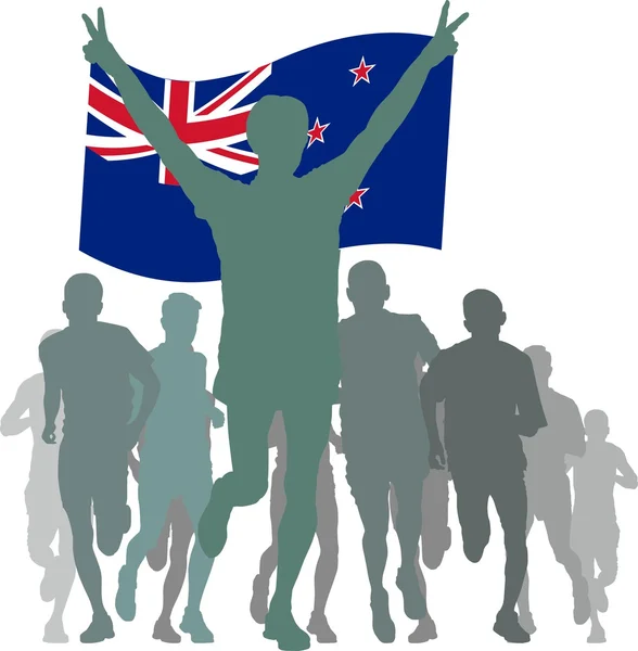 Vainqueur avec le drapeau néo-zélandais à l'arrivée — Image vectorielle