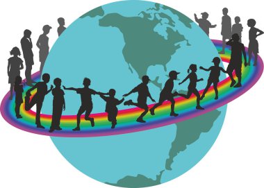 Çocuklar dünya çevresinde rainbow üzerinde