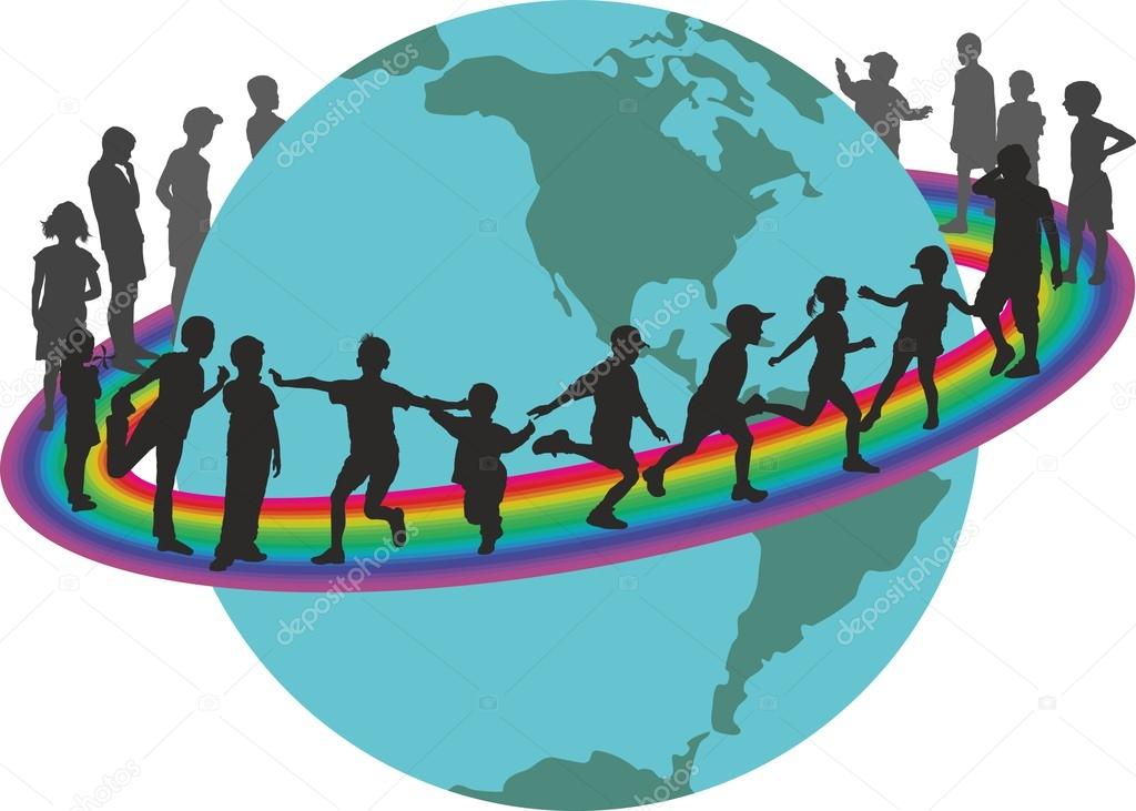 Children on rainbow around the earth