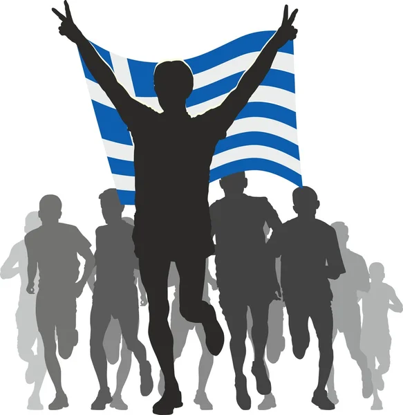 Спортсмен с греческим флагом на финише — стоковый вектор