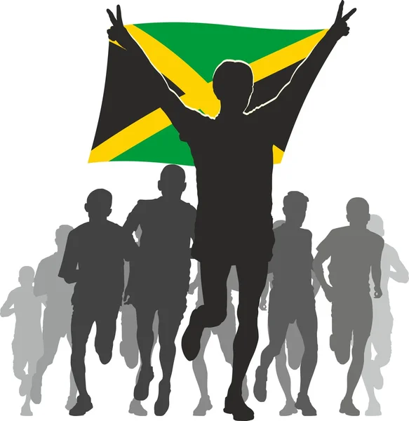 Atleta con bandiera giamaicana al traguardo — Vettoriale Stock