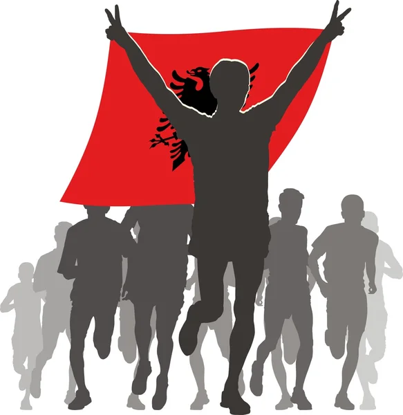 Atleta con la bandera de Albania en la meta — Vector de stock