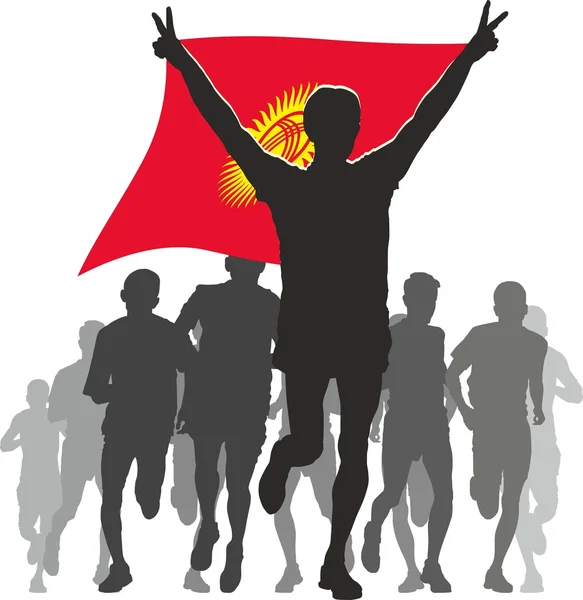 Athlete with the Kyrgyzstan flag at the finish — Stock Vector