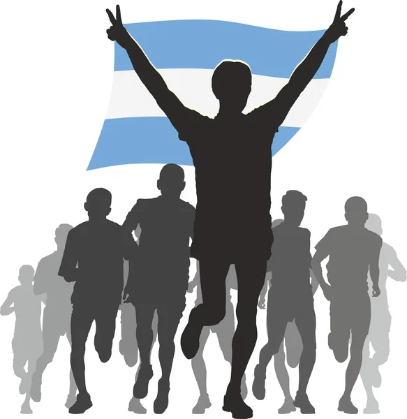 Atleta con bandera argentina en la meta — Vector de stock