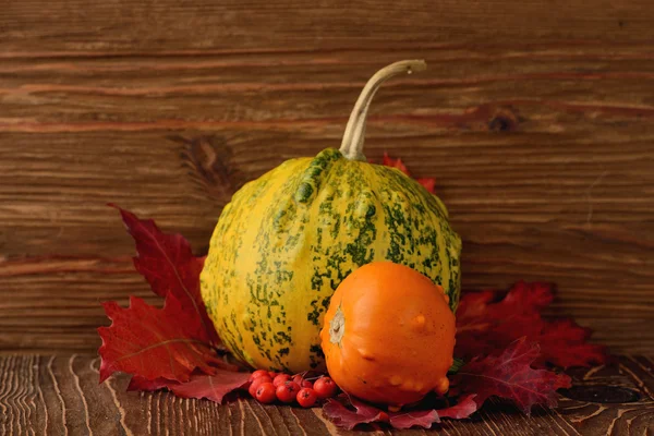 Decorative pumpkins and autumn leaves — Stock Photo, Image