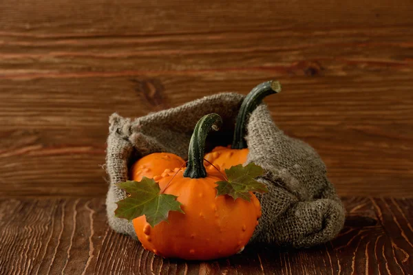 Decorative pumpkins and autumn leaves — Stock Photo, Image