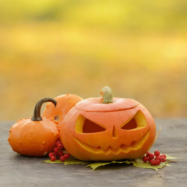 Halloween-Kürbis auf Holzplanken — Stockfoto