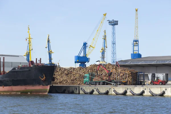 Pila di legno nel porto industriale — Foto Stock