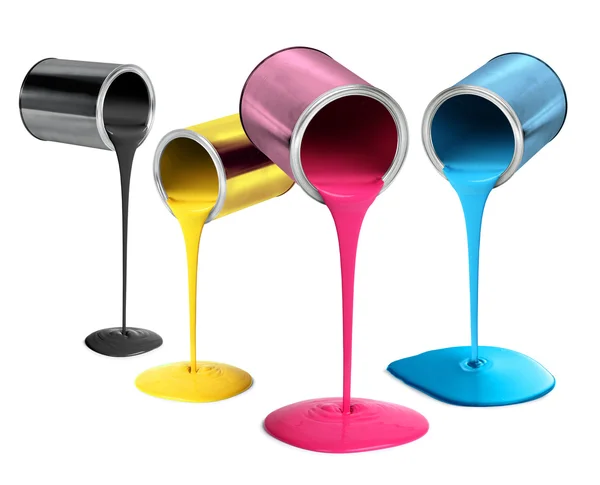 Metal tin cans pouring cmyk color paint — Stock Photo, Image