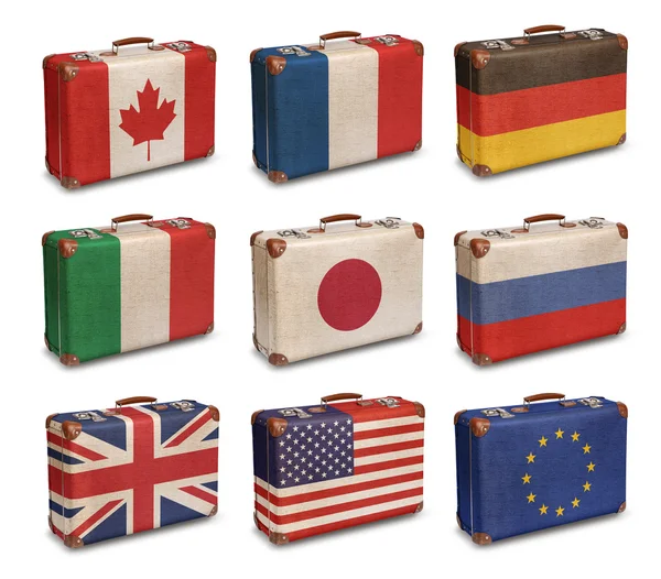 Vintage βαλίτσες με σημαίες της ΕΕ και της G8 — Φωτογραφία Αρχείου
