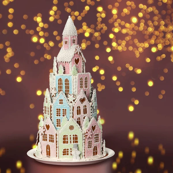 Winterprinzessinnenschloss Aus Lebkuchen Mit Weihnachtlicher Zuckerguss Dekoration Auf Bokeh Lichtern — Stockfoto