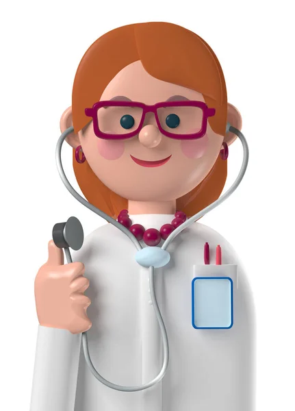 Cartoon Personaggio Avatar Sorridente Medico Femminile Caucasico Isolato Bianco — Foto Stock