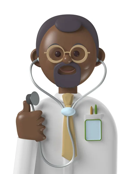 Personaje Dibujos Animados Avatar Sonriente Médico Profesional Negro Aislado Blanco —  Fotos de Stock