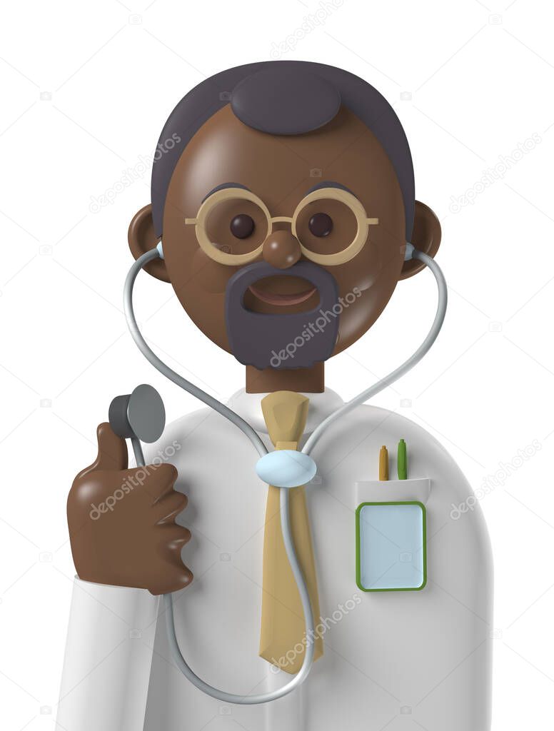 Cartoon character 3d avatar smiling black professional doctor isolated on white