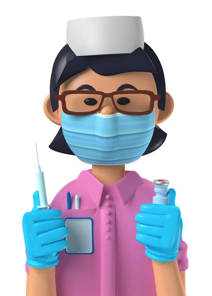 漫画のキャラクター3Dアバター白い上に隔離されたワクチン注射器とアジアの女性看護師 — ストック写真