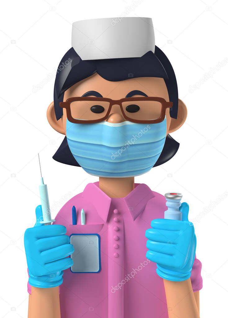 Cartoon character 3d avatar Asian female nurse with vaccination syringe isolated on white
