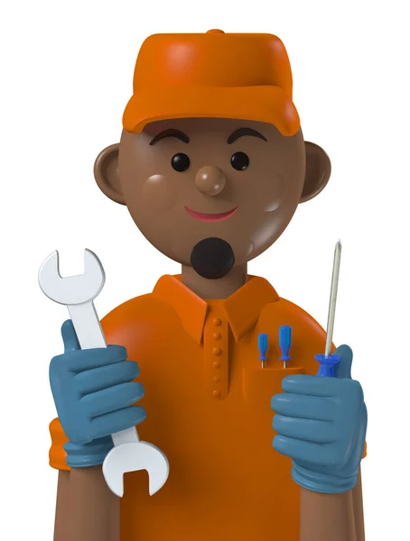 Cartoon Character Avatar Smiling Black Professional Mechanic Worker Isolated White — Stock Photo, Image