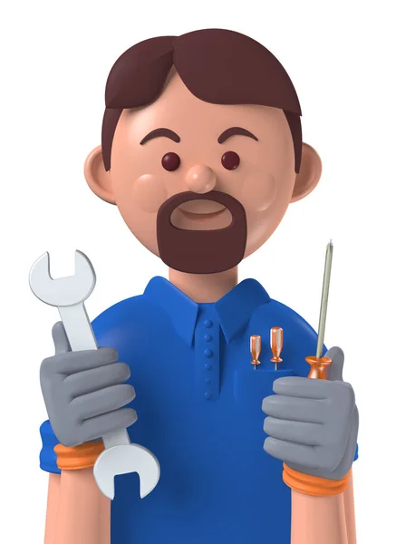 Cartoon Character Avatar Smiling Caucasian Professional Mechanic Worker Isolated White — Stock Photo, Image