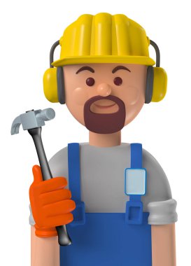 Cartoon character 3d avatar smiling caucasian professional construction worker with safety gear isolated on white clipart