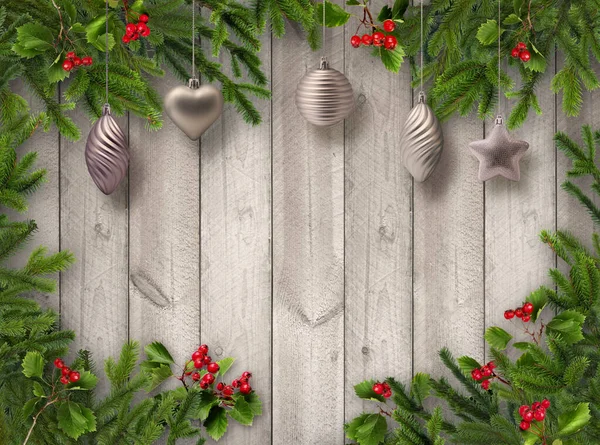 绿色圣诞树枝条 红色山楂果和灰色木制垂直木板墙背景上的银质装饰球 — 图库照片