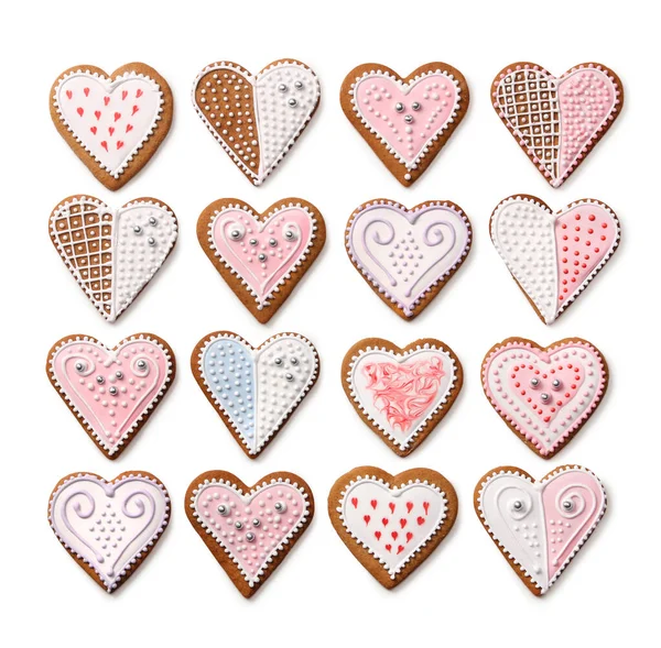 Sweet Christmas Heart Shaped Gingerbread Cookies Collection Colorful Sugar Icing — Stock Photo, Image