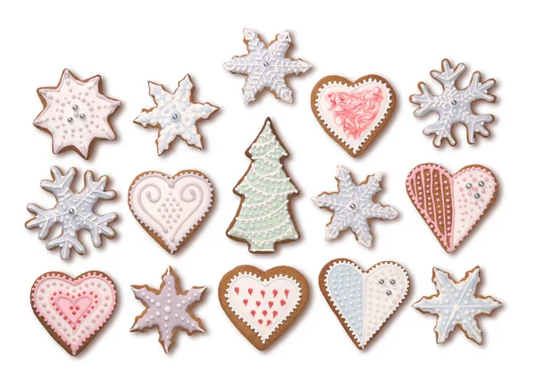 Sweet Christmas Gingerbread Cookies Collection Colorful Sugar Icing Decoration Isolated — Stock Photo, Image