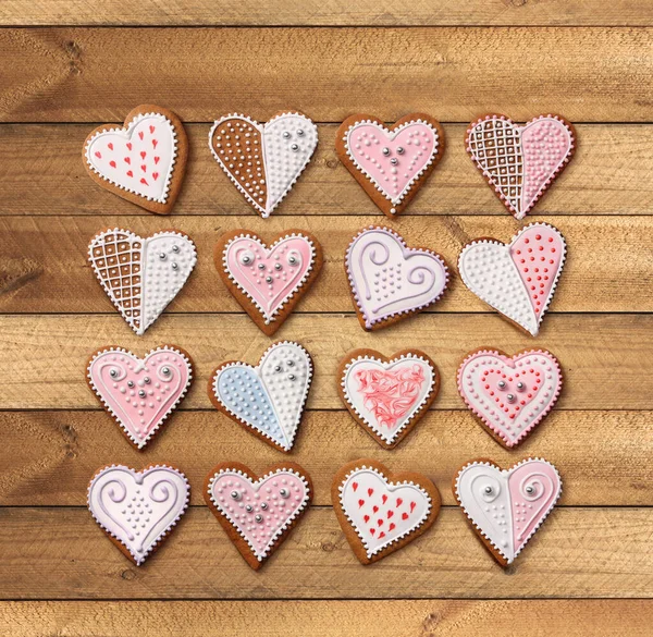 Sweet Christmas Heart Shaped Gingerbread Cookies Collection Colorful Sugar Icing — Stock Photo, Image