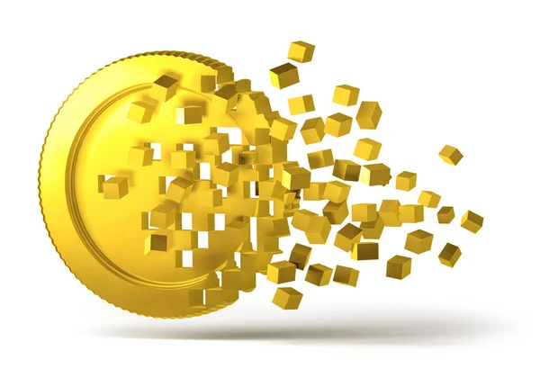 Crypto Currency Golden Virtual Money Coin Breaking Scattered Digital Pixel — Stock Photo, Image