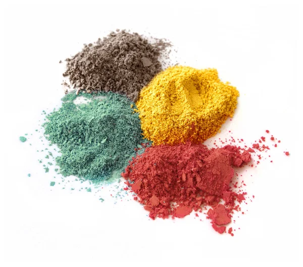 Stylish color chalk powder green yellow gray terracotta isolated on white background