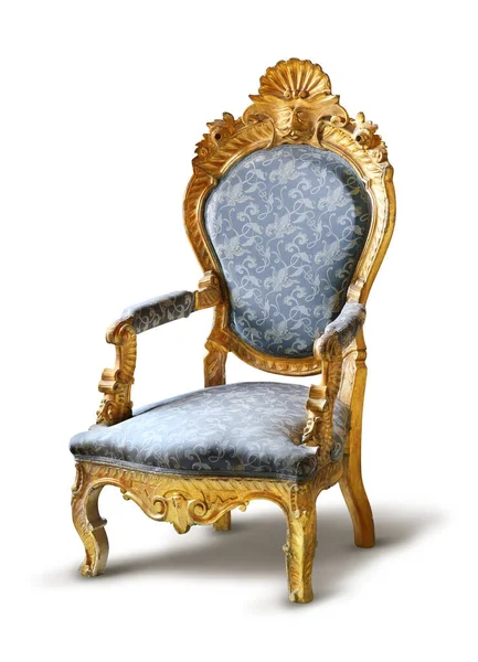 Majestic Golden Throne Chair Gold Plated Carved Decoration Isolated White — Fotografia de Stock