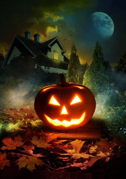 Night Scene Halloween Pumpkin Lantern Pathway Mystery Garden Scary Haunted — Stock Photo, Image