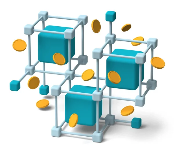 加密货币虚拟硬币区块链系统概念3D白底 投影仪 — 图库照片