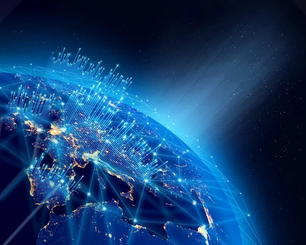 Planeet Aarde Stadslichten Wereldwijde Groei Digitale Data Netwerk Infrastructuur Enkele — Stockfoto